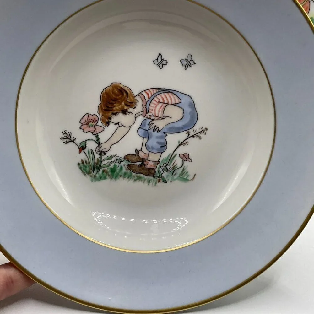 Vintage Signed 1954 Denmark Ceramic Hand Painted Blue Rim Child's Plate Bowl Set